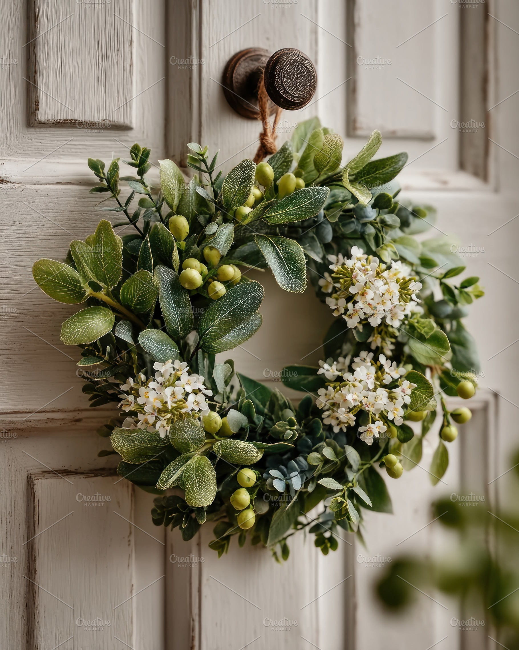 Decorative green and white floral wreath with berries hanging on, a Holiday Photo by José Manuel Gelpi
