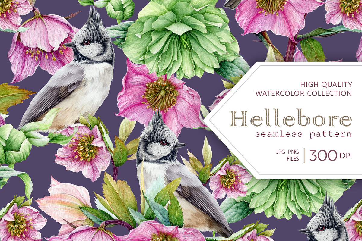 Hellebore Floral Seamless Pattern, a Decorative Illustration by AnitaPol (Photo 1 of 12)