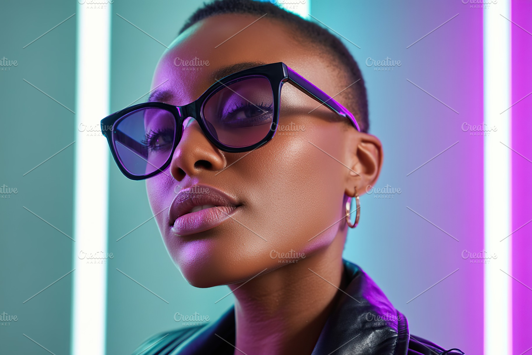 Young African woman wears stylish sunglasses with vibrant neon background, a Person Photo by AlyaAnd