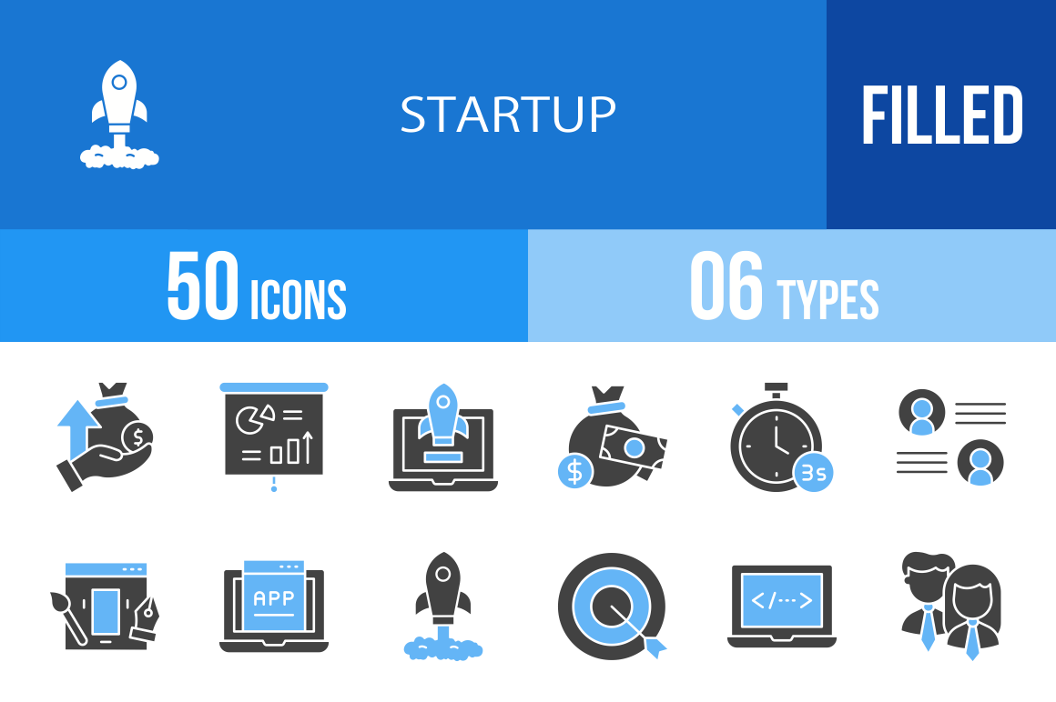 50 Startup Blue & Black Icons, an Icon by IconBunny