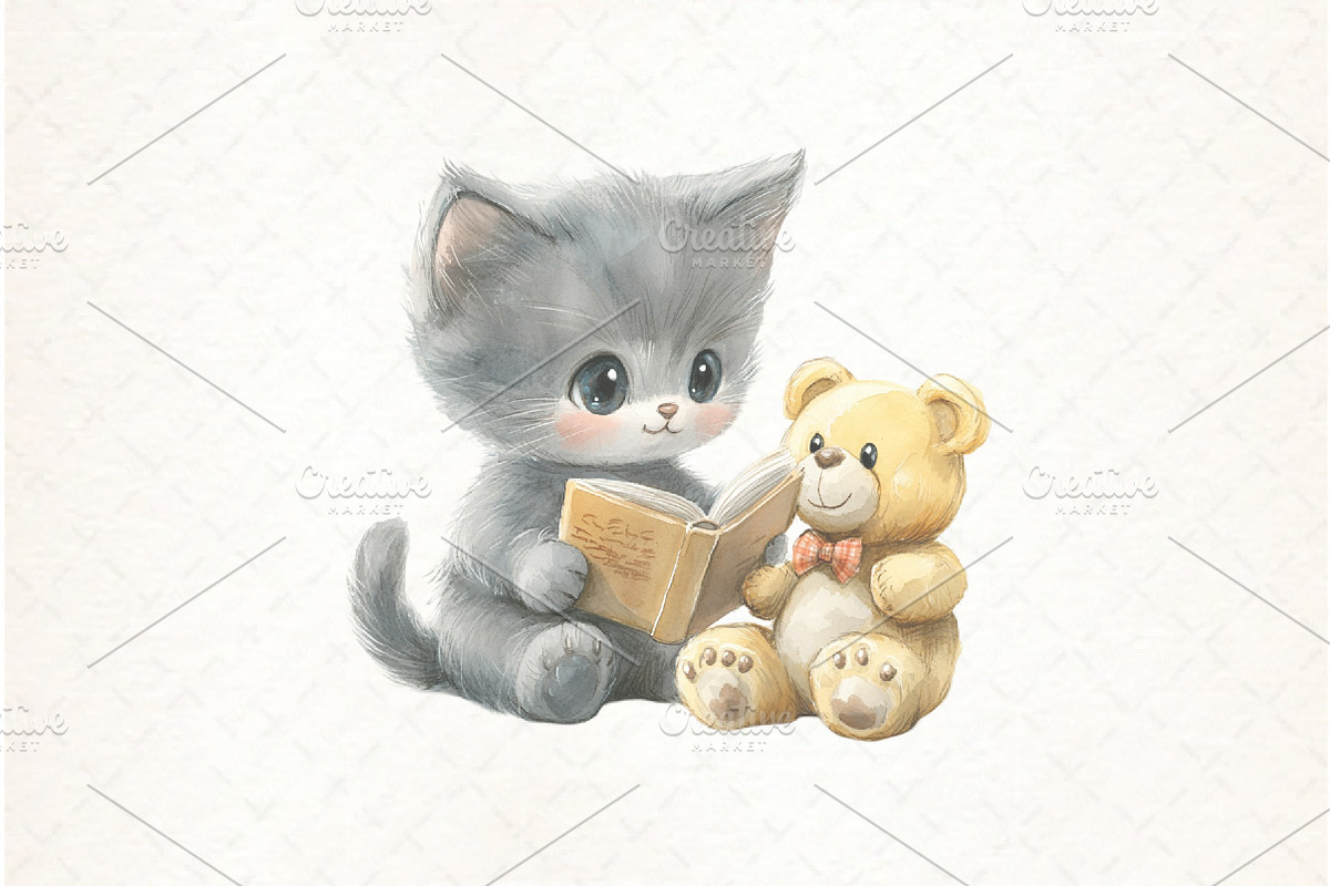 Cute Cat with Book Sublimation png, an Illustration by Watercolor design (Photo 8 of 11)