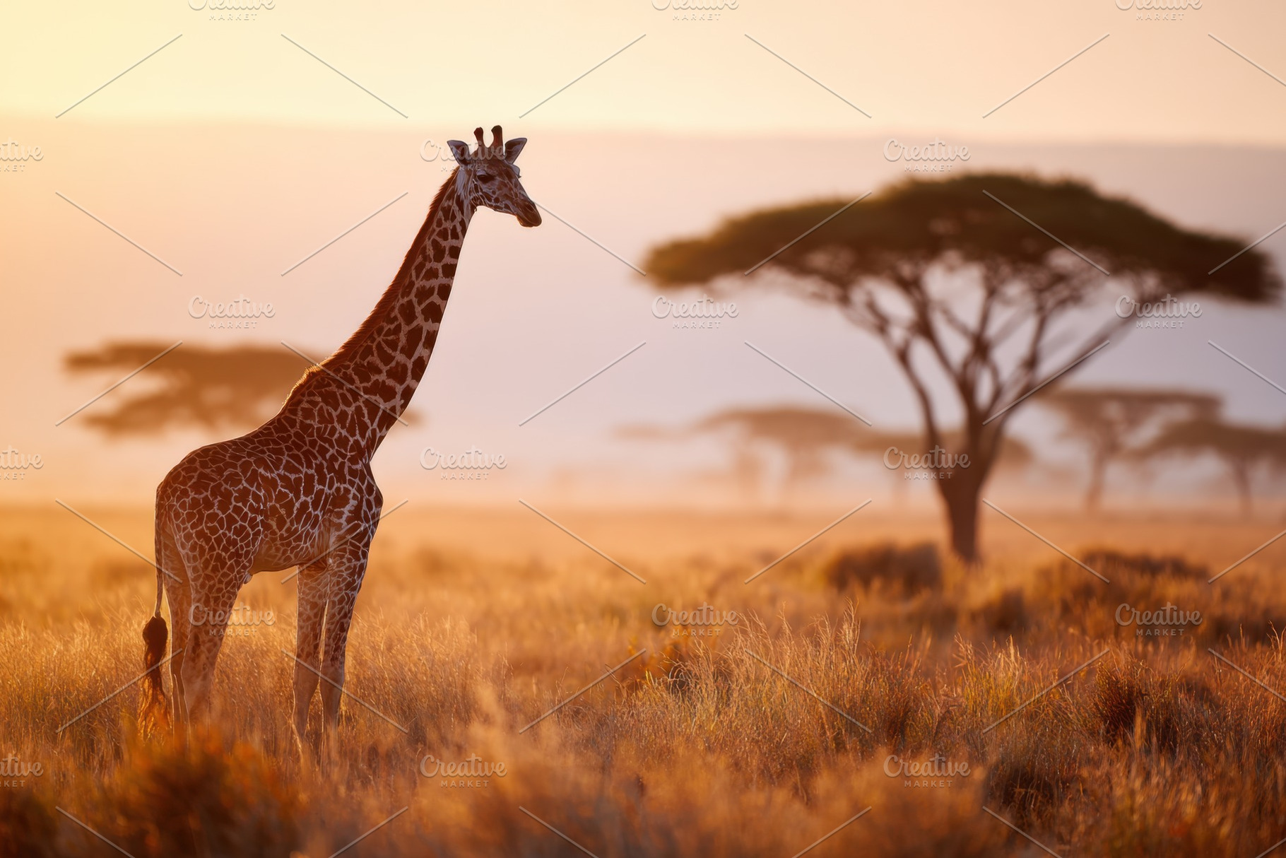 Giraffe in golden savanna at sunset, an Animal Photo by AlyaAnd