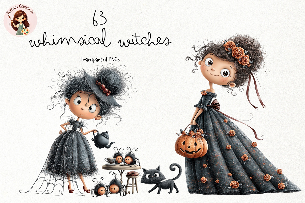 Whimsical Witches Clipart, a Seasonal Illustration by Nicolle's Colorful Art (Photo 1 of 6)