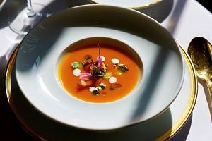Gourmet tomato soup with fresh herbs and cream on a white and gold dining table, a Photo by Studio ANNA
