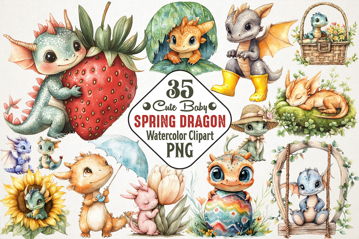 Cute Baby Dragon Spring Clipart Set, an Animal Illustration by RobertsArt (Photo 1 of 5)