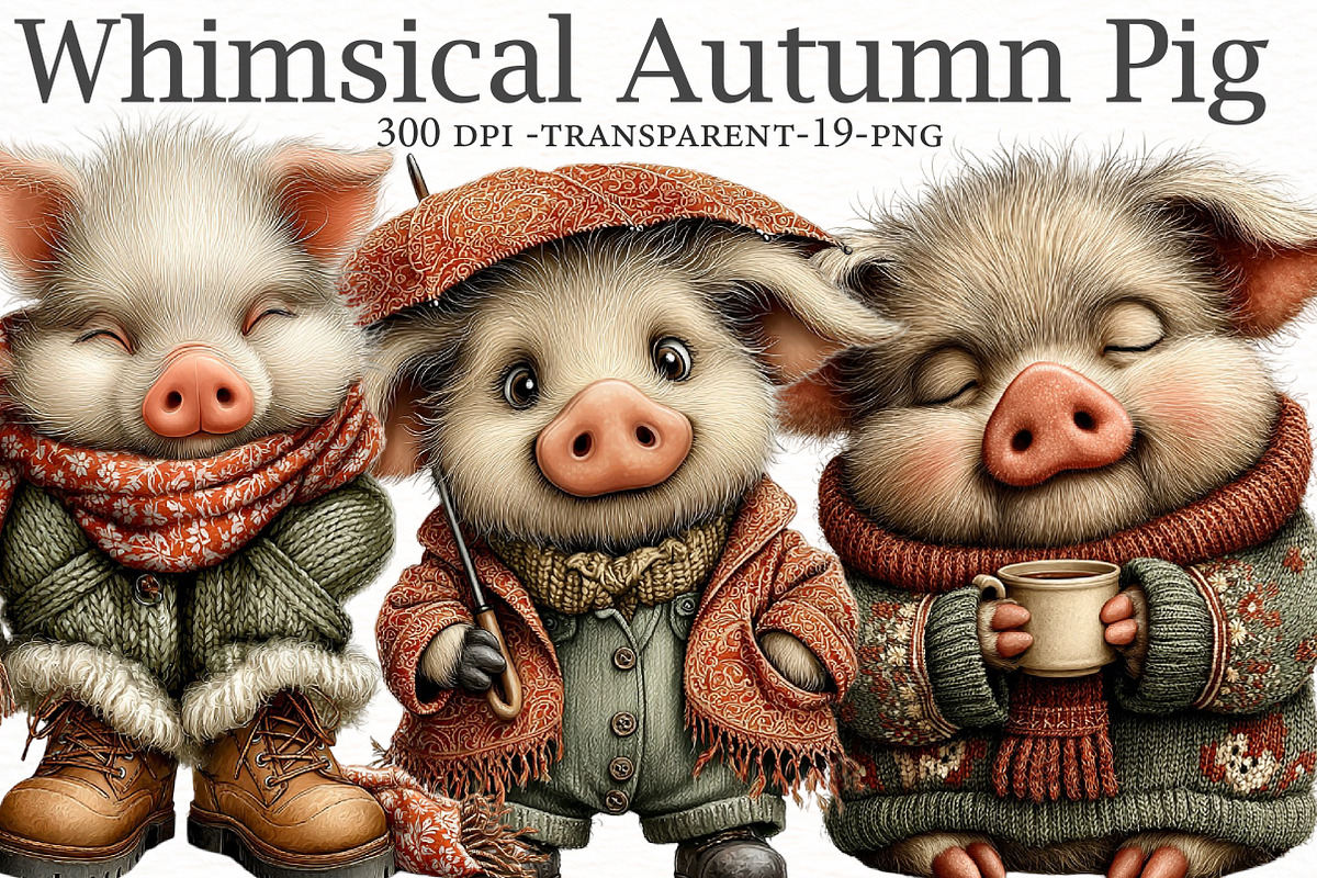 Whimsical Autumn pig Clipart, a Seasonal Illustration by Designworld (Photo 1 of 9)