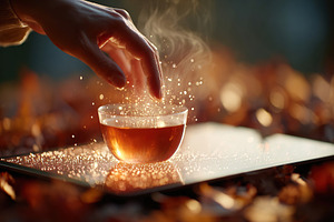 Hand reaching toward a floating holographic cup surrounded by autumn leaves and, a Food & Drink Photo by AlyaAnd