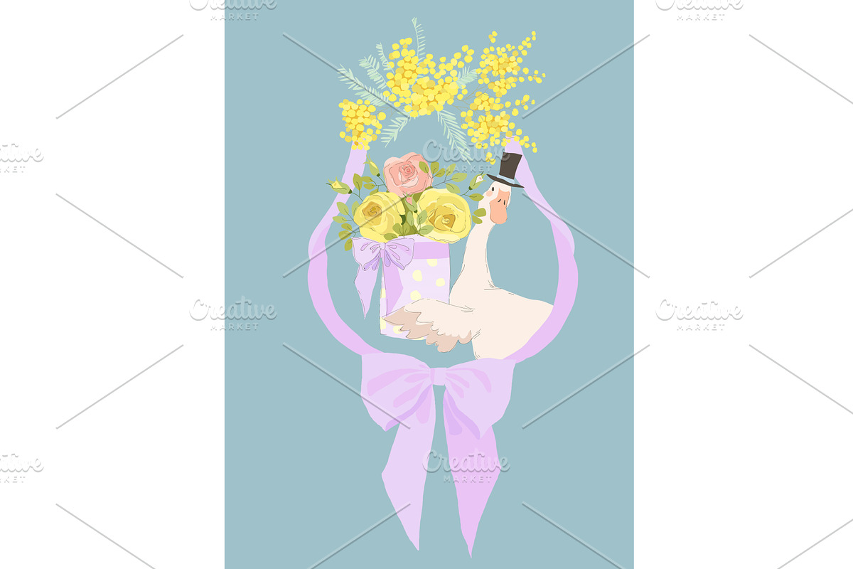 Cute Goose holding Box with Flowers, an Animal Illustration by Maria Starus