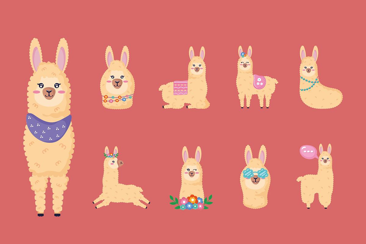 Cute Llama Illustration Set, a Templates & Theme by studiogstock