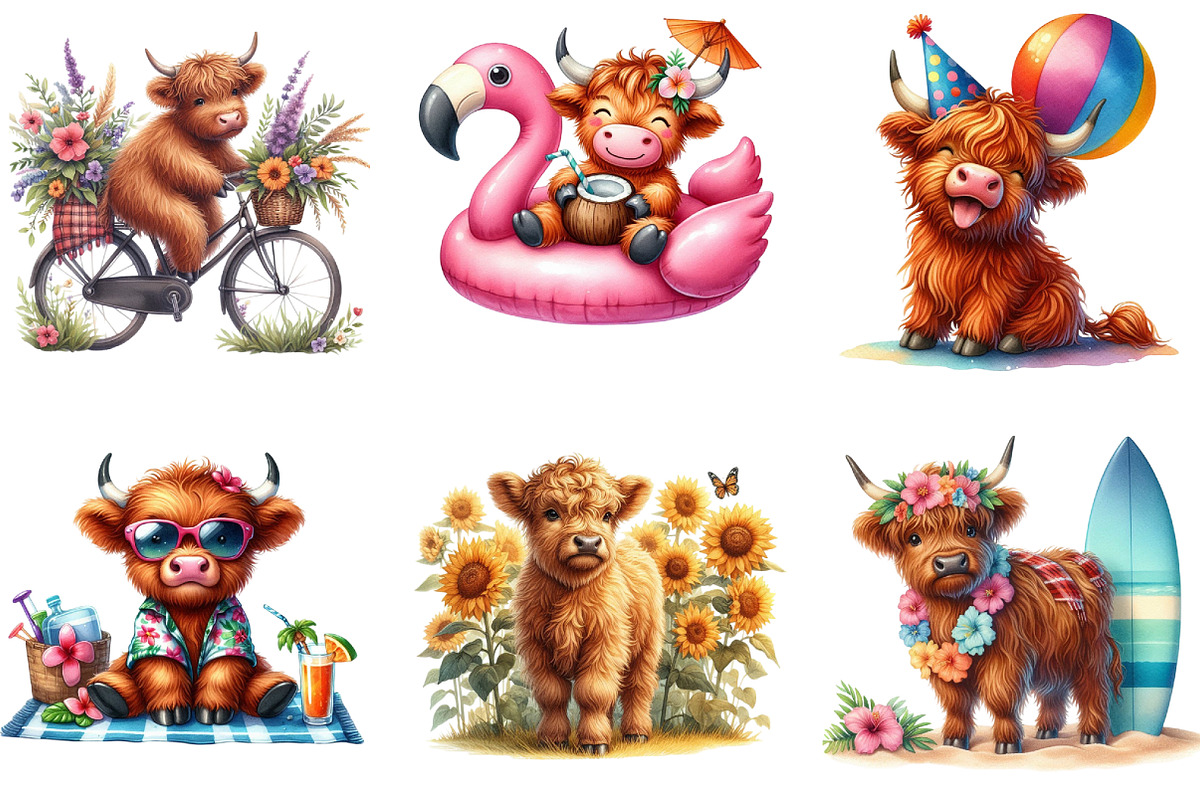 Summer Highland Cow Clipart, a Seasonal Illustration by DreamArtGraphic (Photo 3 of 4)