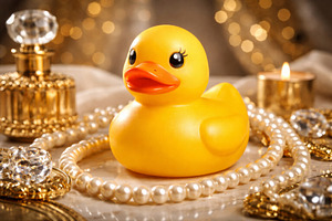 Yellow rubber duck surrounded by pea, a Photo by Dvoevnore photos