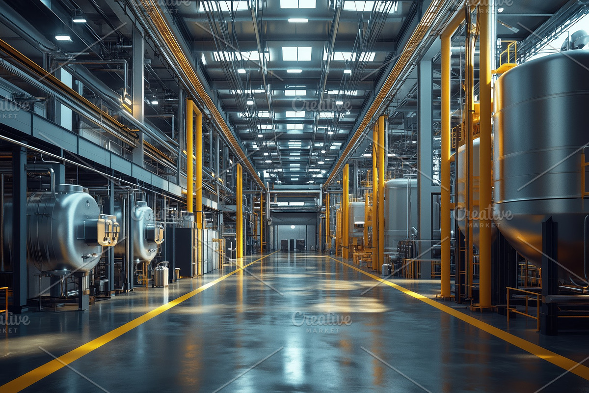 A spacious industrial warehouse with large metallic tanks and pipes, illuminate, an Industrial Photo by Textures & Backgrounds (Photo 1 of 2)