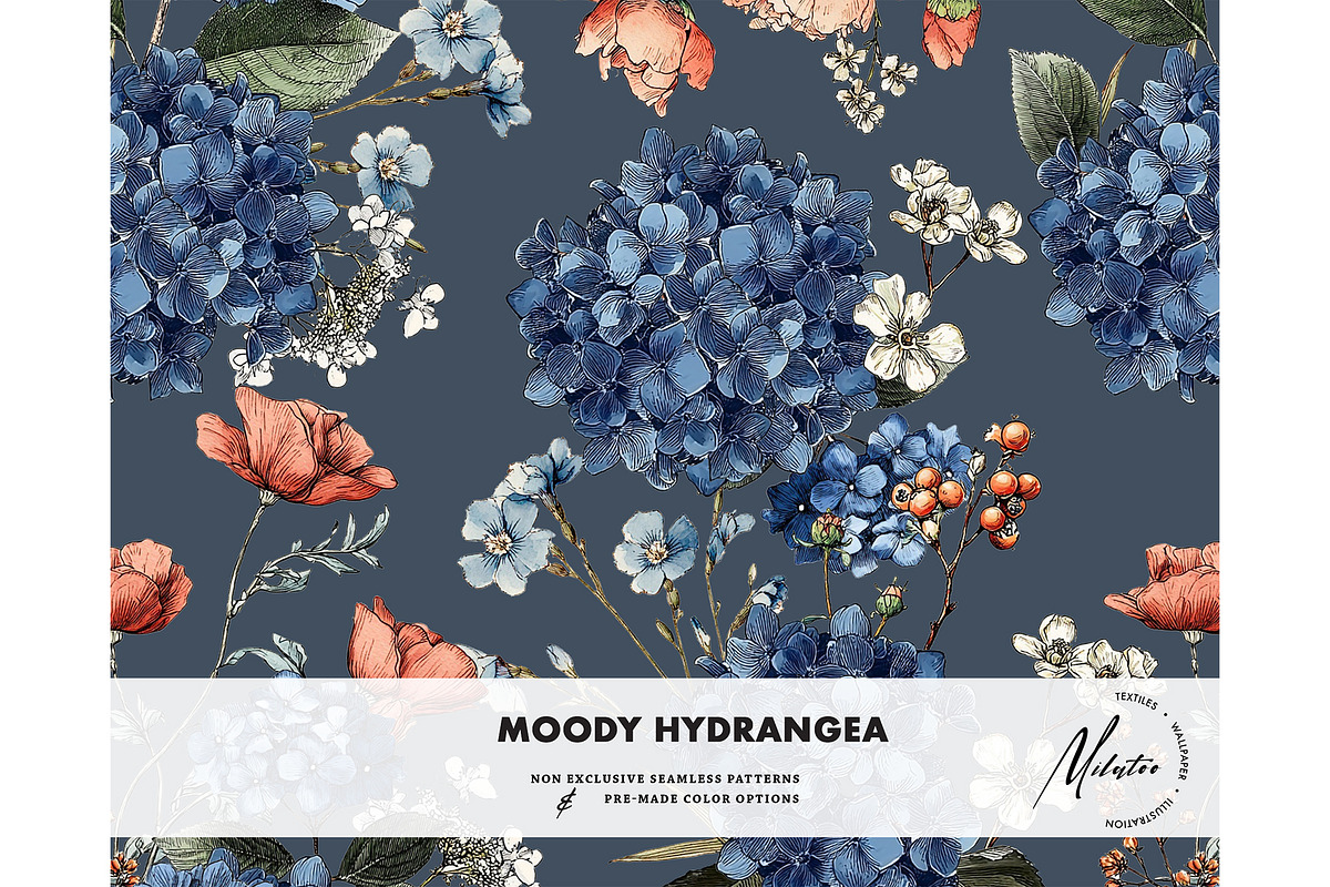 Moody hydrangea botanical pattern, a Pattern Graphic by Milatoo (Photo 1 of 8)