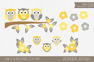 Owls & Blooms Clip Art