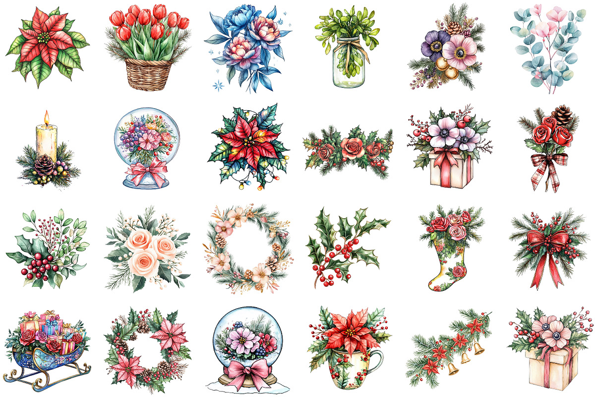 Christmas Flower Watercolor Clipart, an Illustration by Sublimation Artist (Photo 2 of 6)