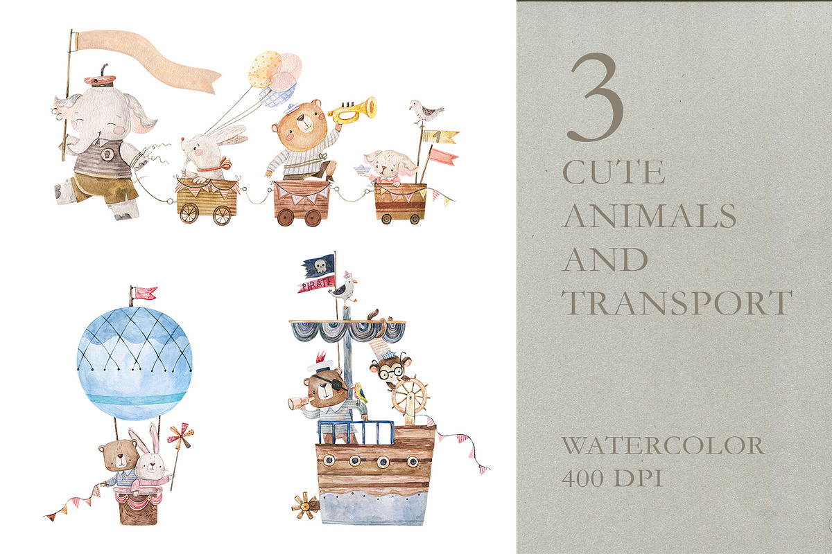 Watercolor Cute Animals & Transport, an Animal Illustration by the_myro (Photo 2 of 11)