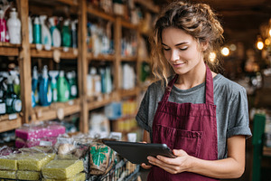 Young woman using tablet in a store, a Photo by Pixeness Studio