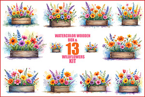 Wildflowers In Wooden Box Clipart Ki, an Illustration by hafijul