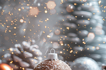 Christmas postcard with ornaments, Christmas tree in snow agains, a Photo by Dvoevnore photos