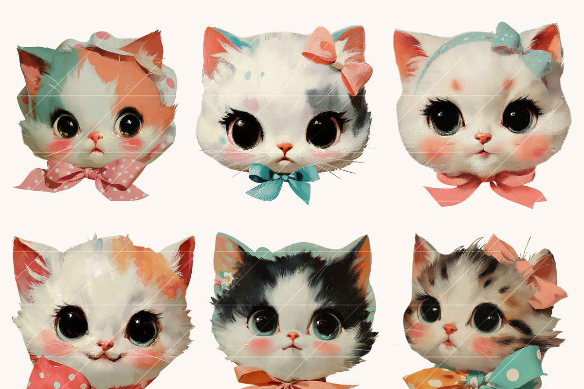 Watercolor Retro Cat Heads Clipart, an Animal Illustration by Design Scotch (Photo 2 of 8)