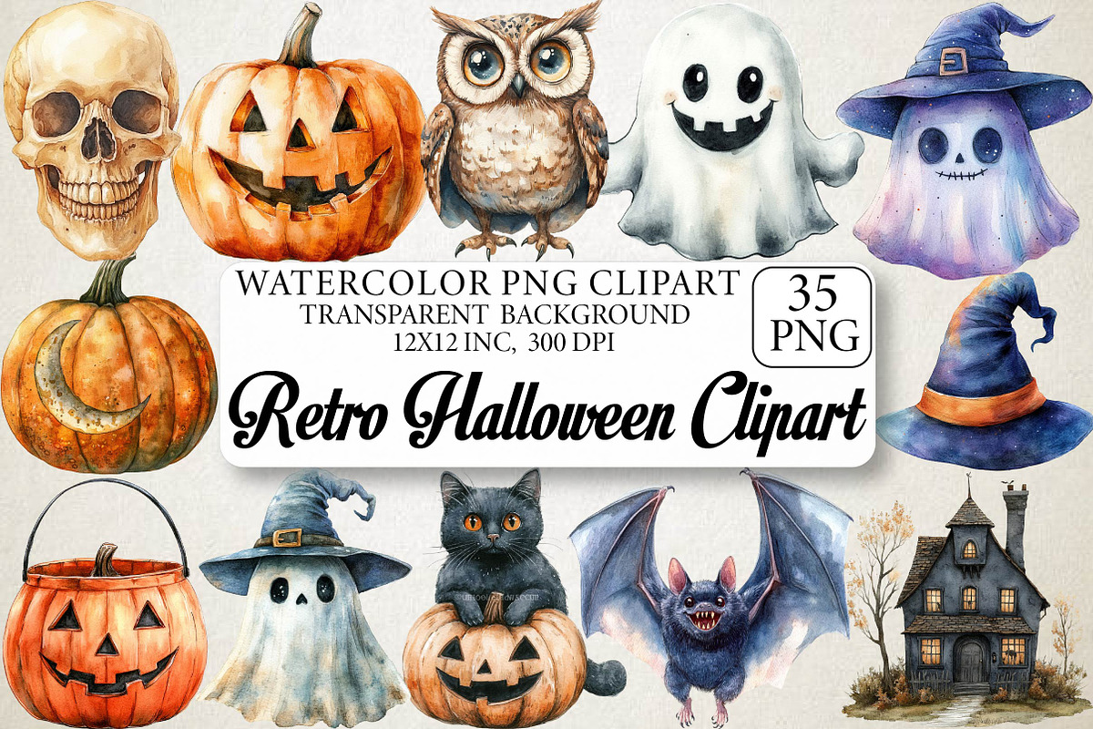 Retro Halloween Clipart Bundle, an Illustration by DreamPrint404 (Photo 1 of 7)