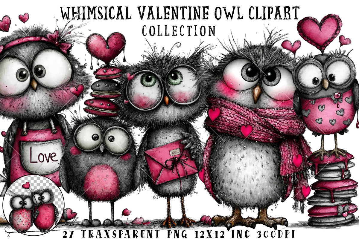 Whimsical Valentine Owl Clipart, an Illustration by OK Design (Photo 1 of 6)