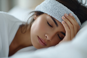 Young woman with a fever lies in bed, a Health & Medical Photo by MistyDay