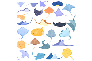 Stingray Icons Set, Cartoon Style