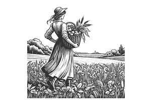 woman harvesting in countryside, an Illustration by AlexArt