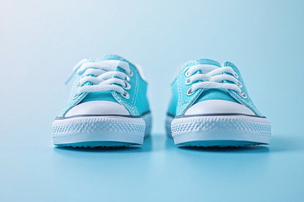 Children sneakers against color minimalistic background, a Photo by Dvoevnore photos