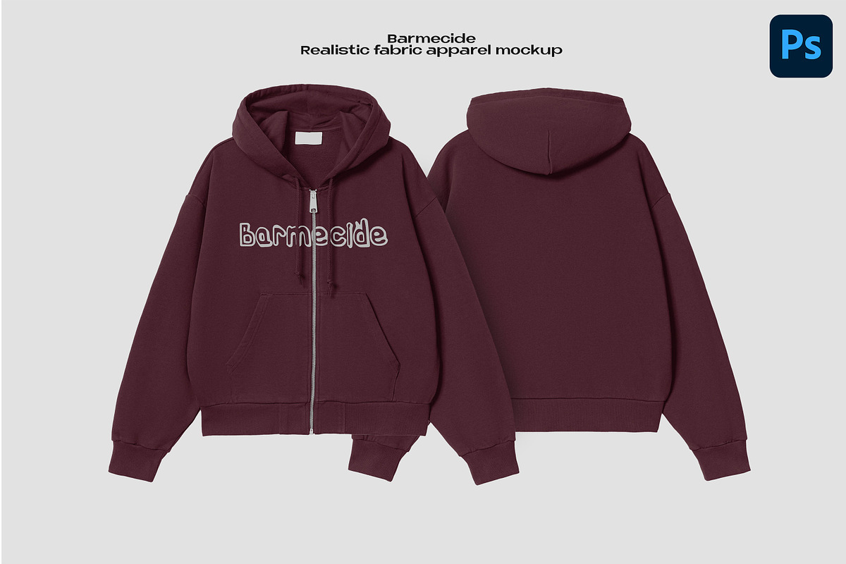 Zip-up hoodie mockup, a Hoody Mockup by Barmecide Mockup Studio (Photo 1 of 3)