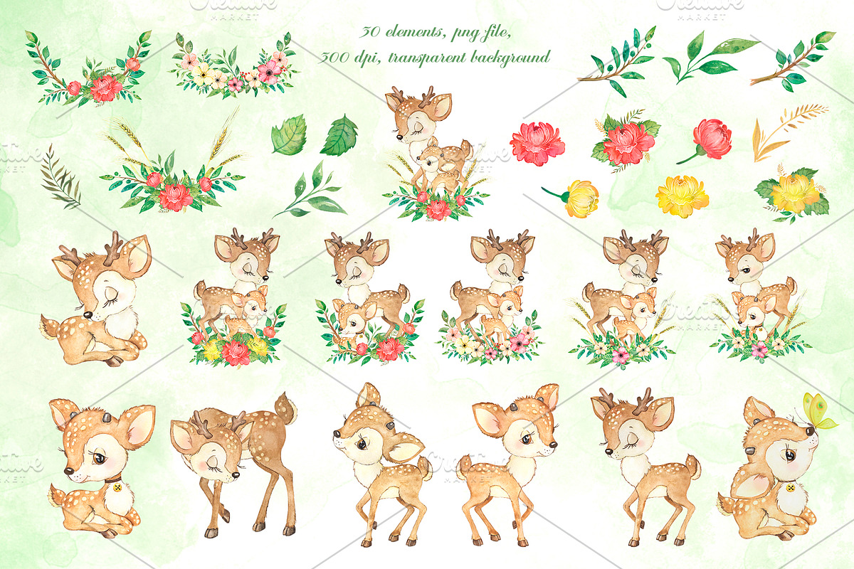 Deer family watercolor clipart., an Animal Illustration by SavinV (Photo 2 of 6)