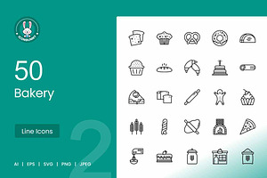 50 Bakery Line Icons, an Icon by IconBunny