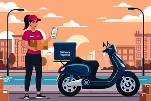 Young woman courier stands next, a Photo by angellodeco
