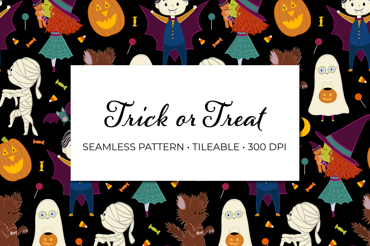 Trick or Treat Seamless Pattern, a Pattern Graphic by Painted Puffin Creative (Photo 1 of 3)