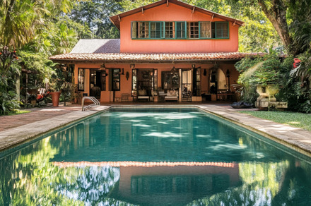 Vintage home with pool reflection and tropical surroundings, an Abstract Photo by Natalia Klenova's Shop