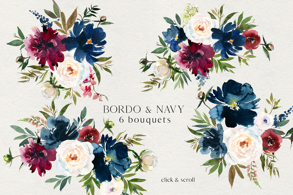 Bordo & Navy Watercolor Flowers PNG, a Decorative Illustration by whiteheartdesign (Photo 2 of 9)