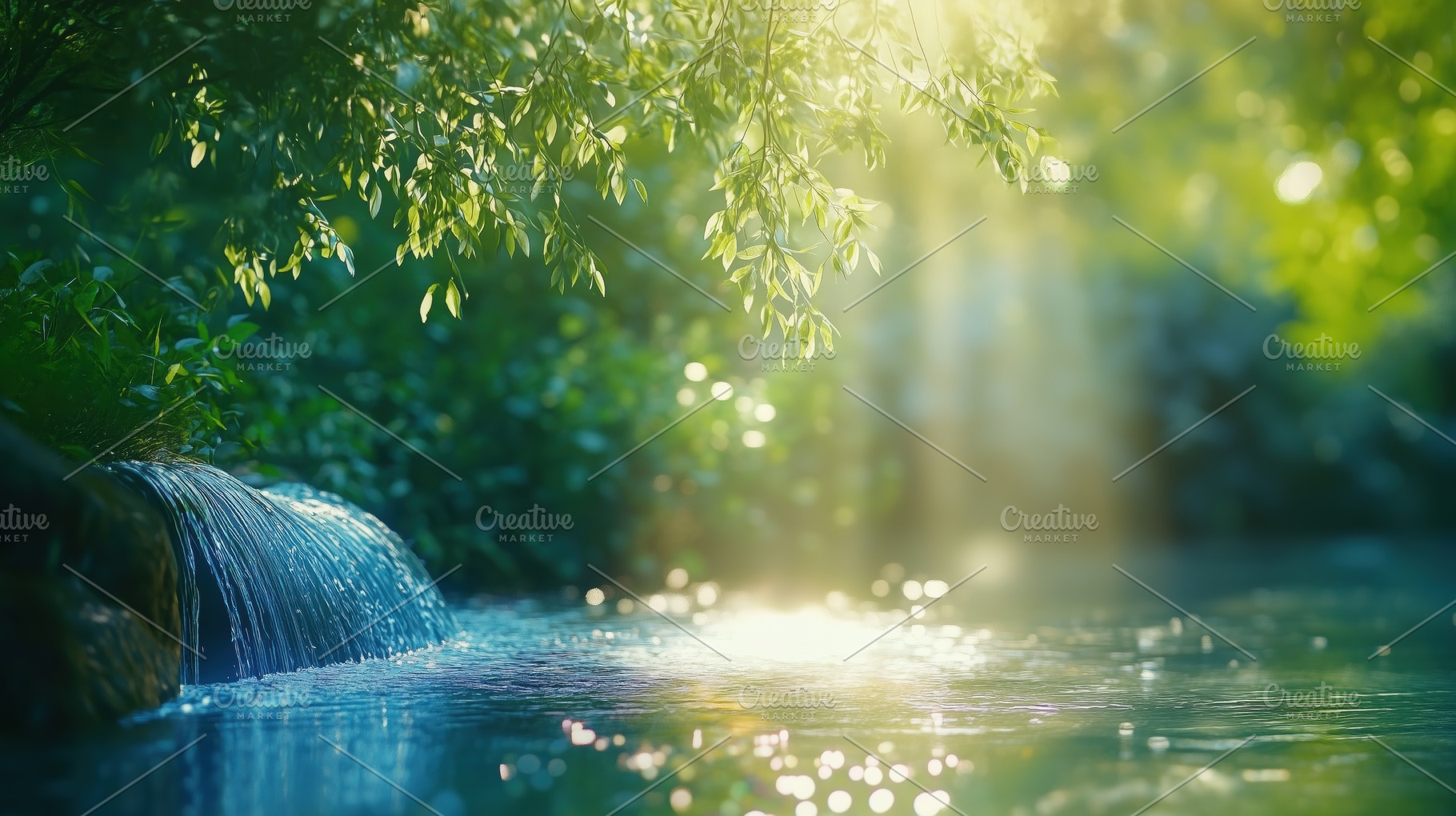 A serene natural scene featuring a gentle stream flowing through lush greenery., a Photo by Textures & Backgrounds