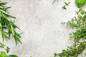 Fresh herbs bordering a rustic gray background for culinary desi, a Food & Drink Photo by Olena Rudo