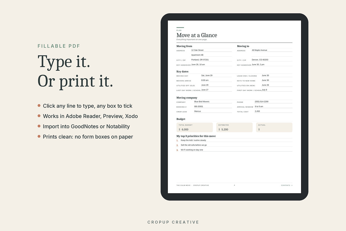 Printable & Fillable Moving Planner, a Stationery Template by CropUp Creative (Photo 5 of 10)
