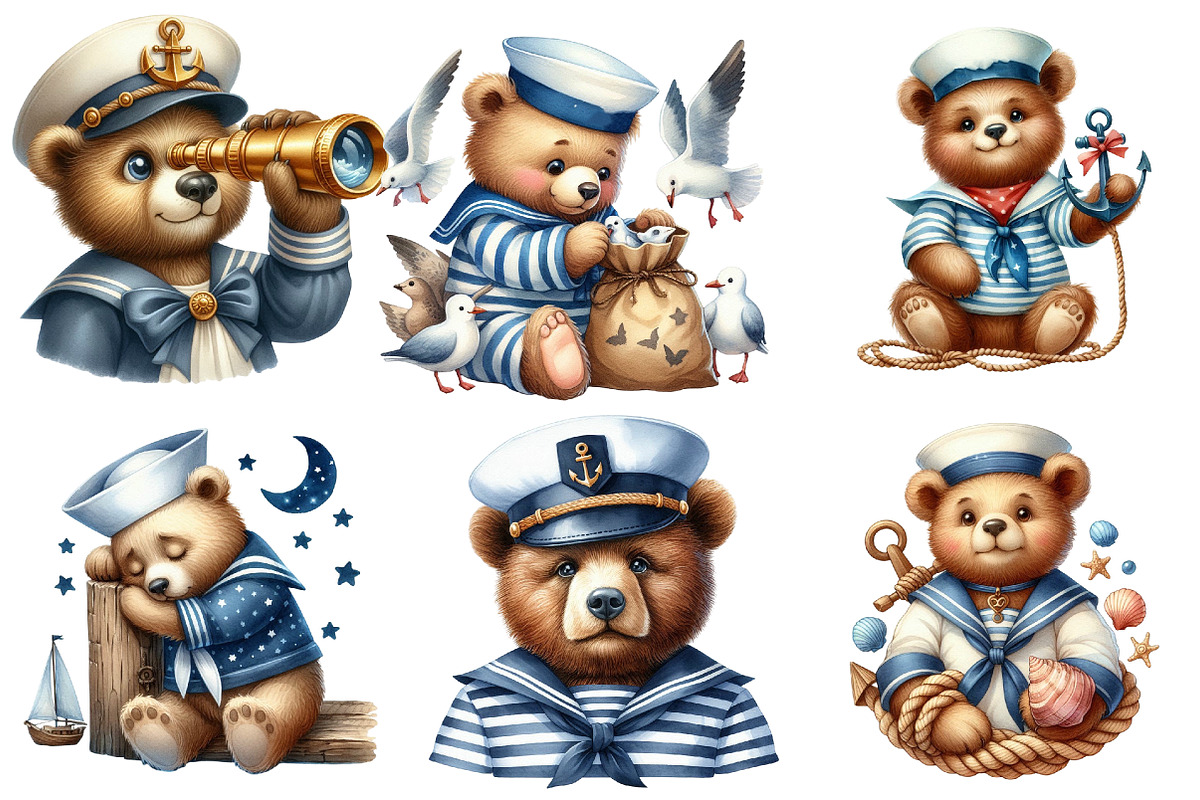 Bear Sailor Clipart,Nautical Clipart, an Illustration by Watercolor design (Photo 2 of 4)