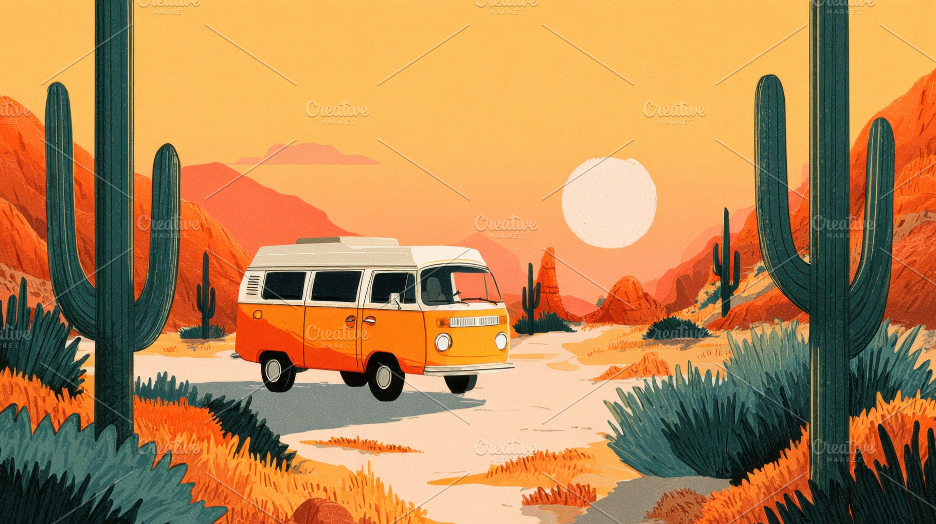 Sunset drive in the desert with van, a Photo by Beautiful things