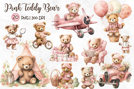 Pink Little Bear Watercolor Set, an Animal Illustration by Maysa Art
