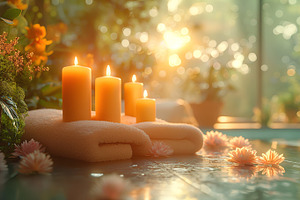 A serene spa setting featuring three lit candles with a warm glow, surrounded b, a Business Photo by ImageMir
