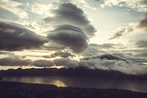 Sunrise in the mountains featuring batur, volcano, and agung