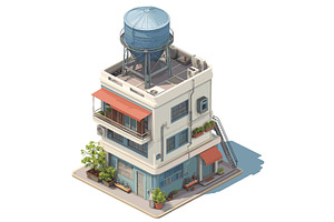 Isometric building with water tank, an Object Illustration by LadadikArt