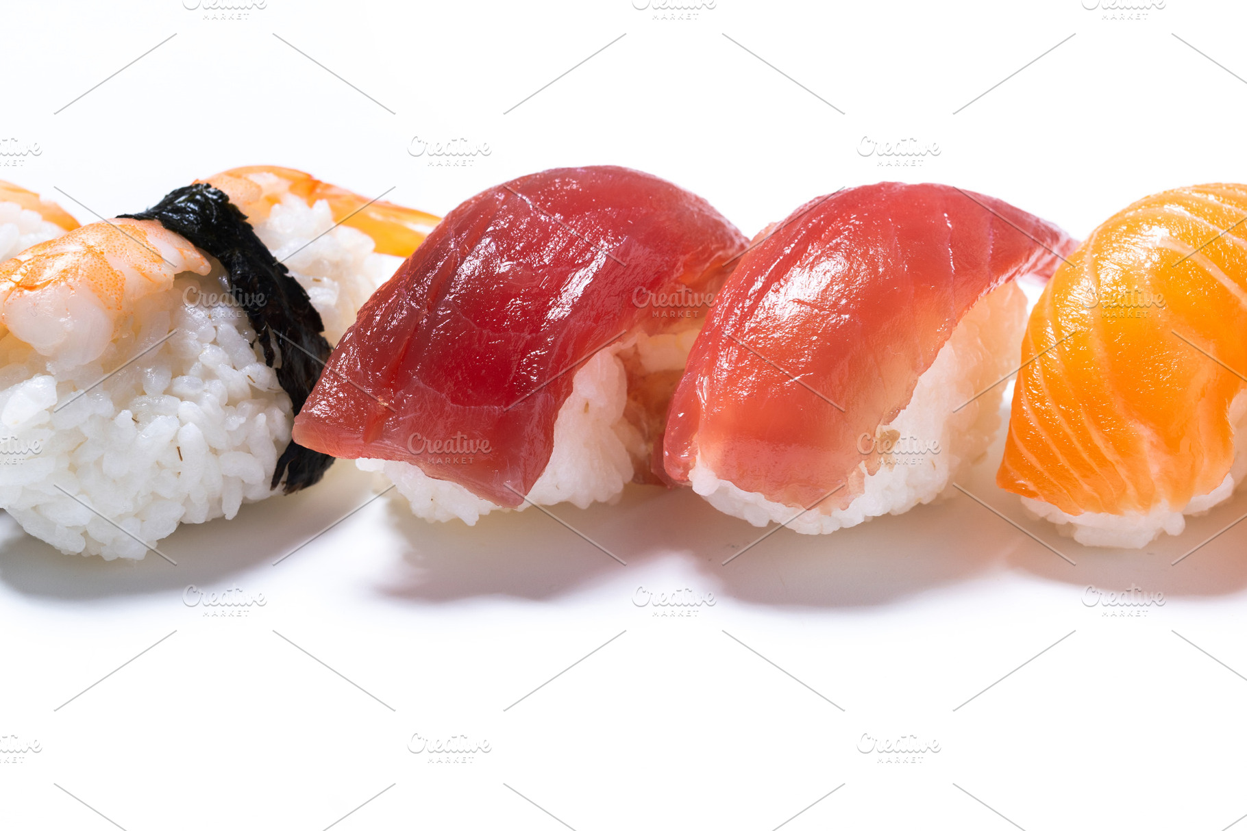 Assorted nigiri sushi with salmon, tuna and shrimp, a Food & Drink Photo by etorres69