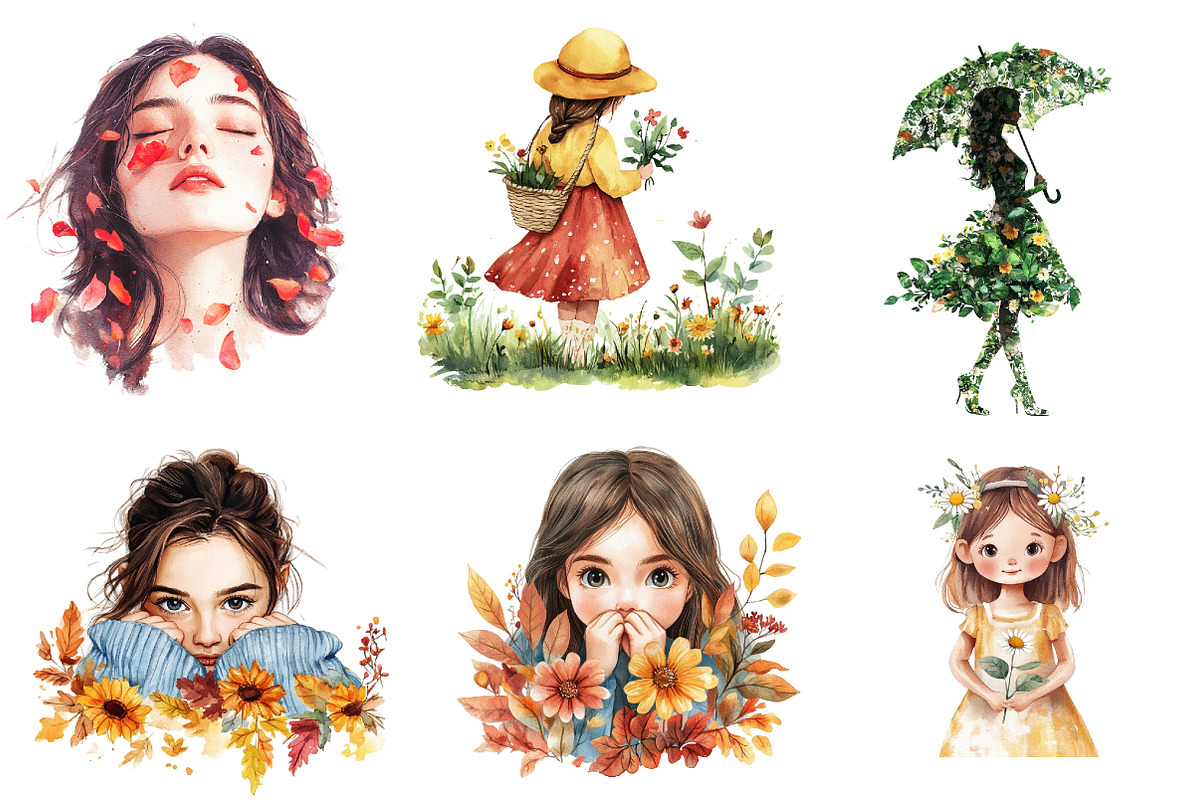 Girls with Fall Flowers Clipart, an Illustration by CreationArt (Photo 2 of 4)
