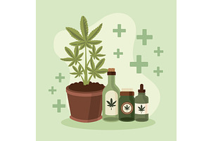 medicinal cannabis plant and bottles, a Healthcare Illustration by studiogstock