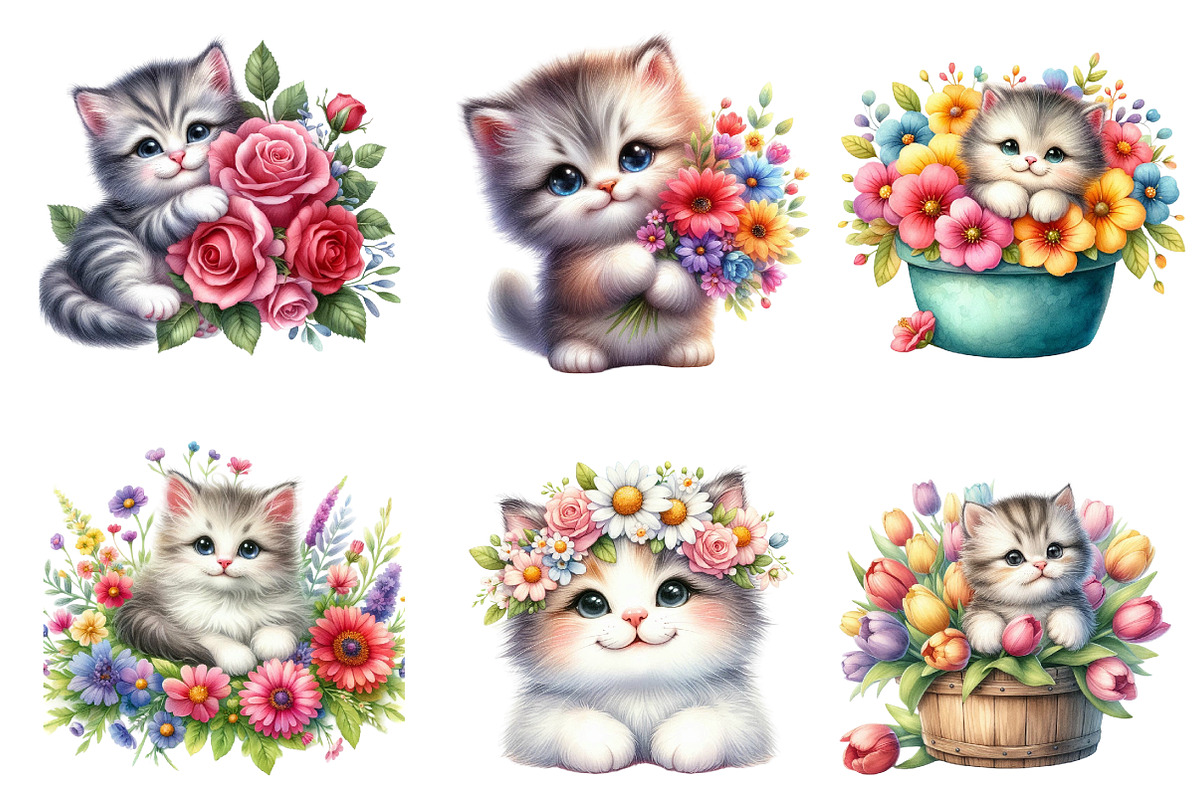 Watercolor Spring Cute Cat Clipart, an Illustration by Dream Creation (Photo 2 of 6)